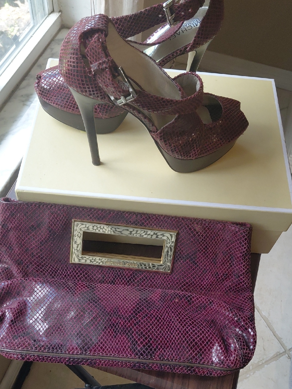 Michael Kors Burgundy Snake-Leather Platform Sandals & Matching Clutch Set